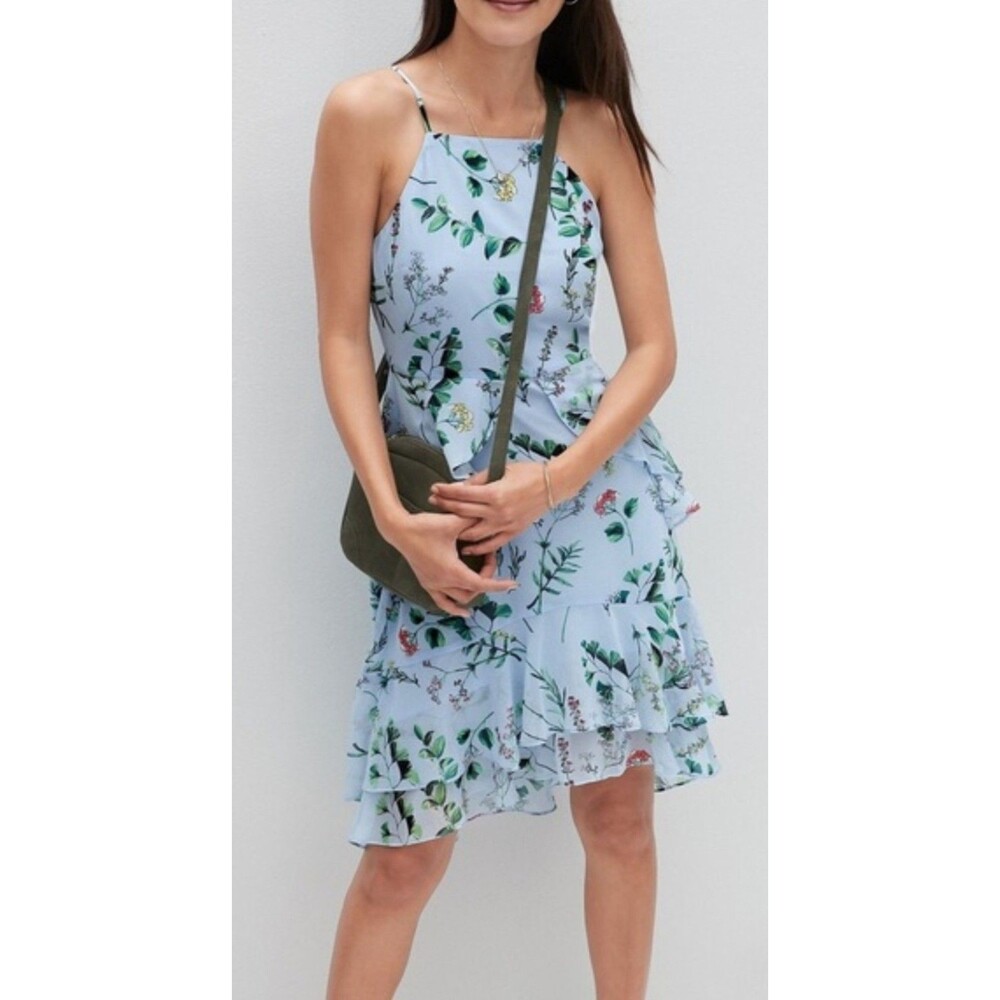 Banana Republic Womens Chiffon Floral Ruffle High Low Dress Lined Blue Sz 4 NWT